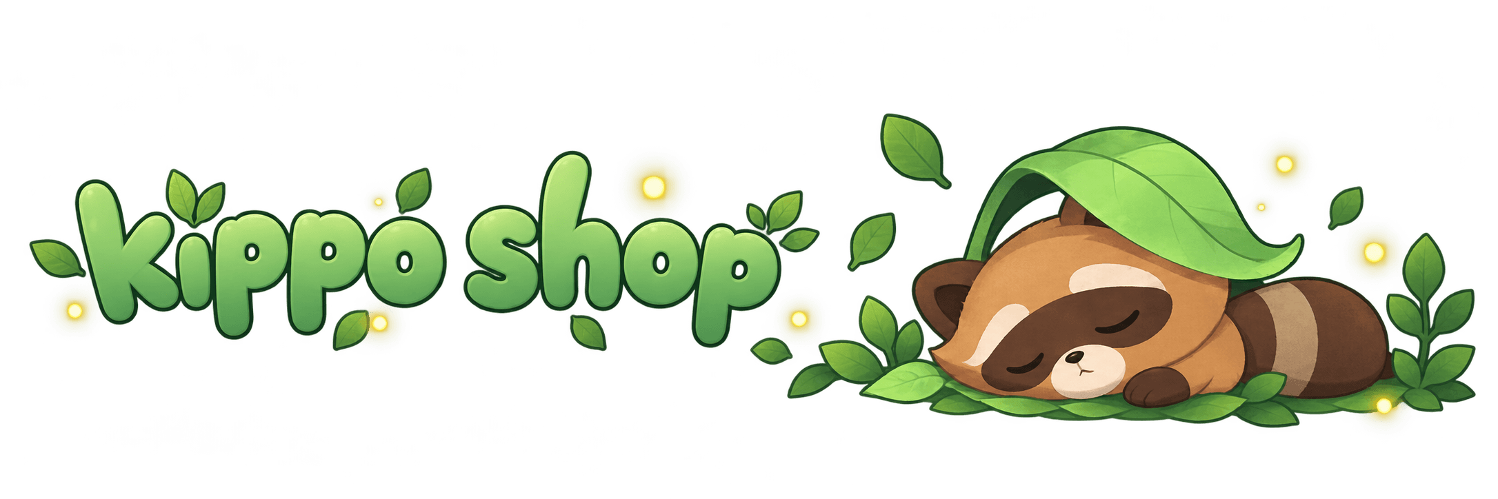 Kippo Shop — a sleepy tanuki resting beneath a leaf, surrounded by leaves and fireflies